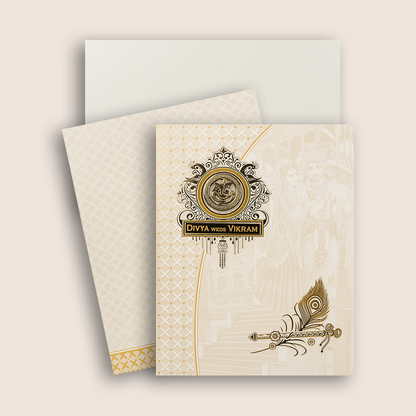 White Radha Krishna Invitation Card - KNJS2068