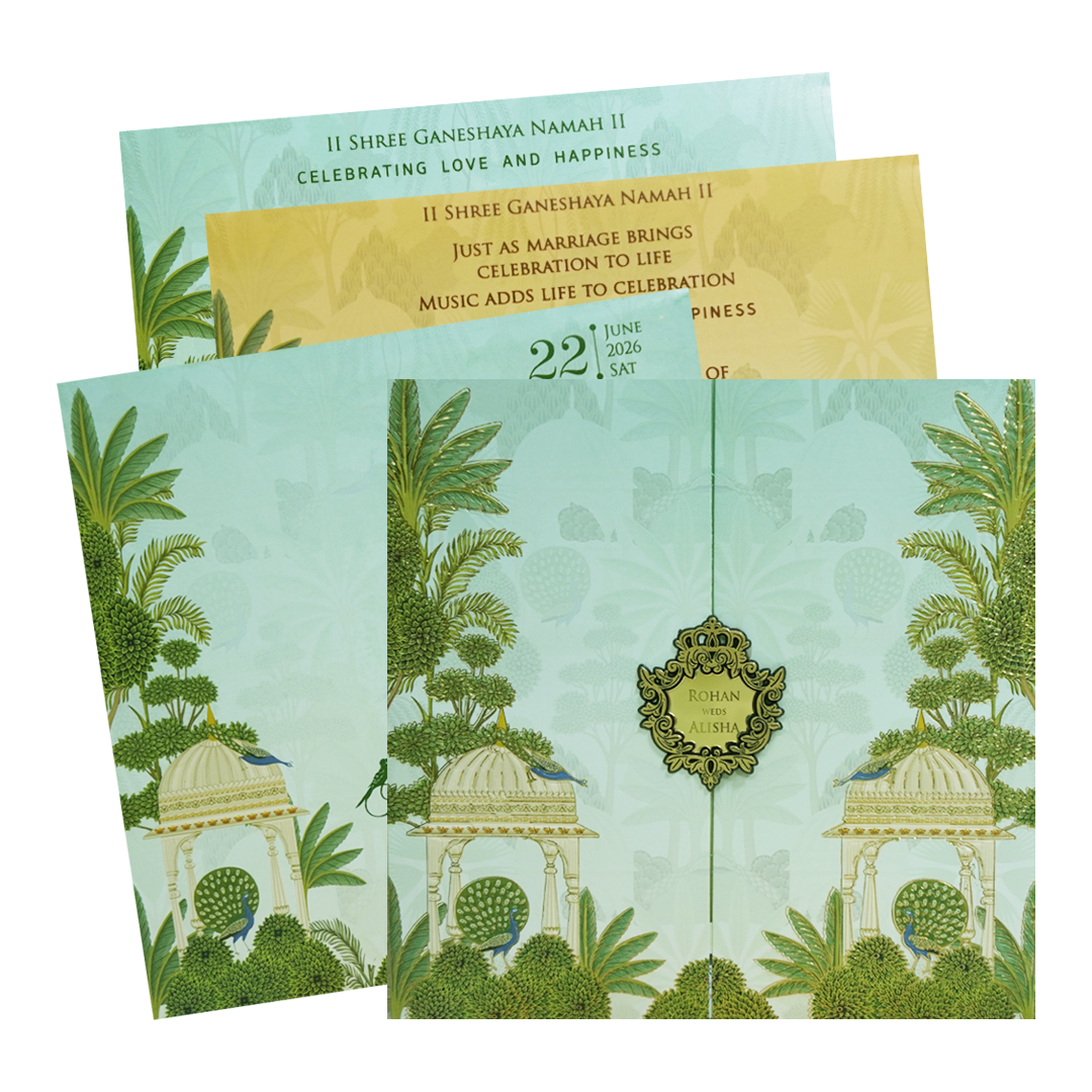 Mint Green Palace Peacock Wedding Card-KFR15350