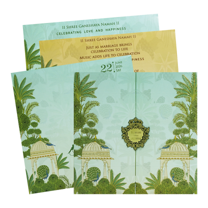 Mint Green Palace Peacock Wedding Card-KFR15350