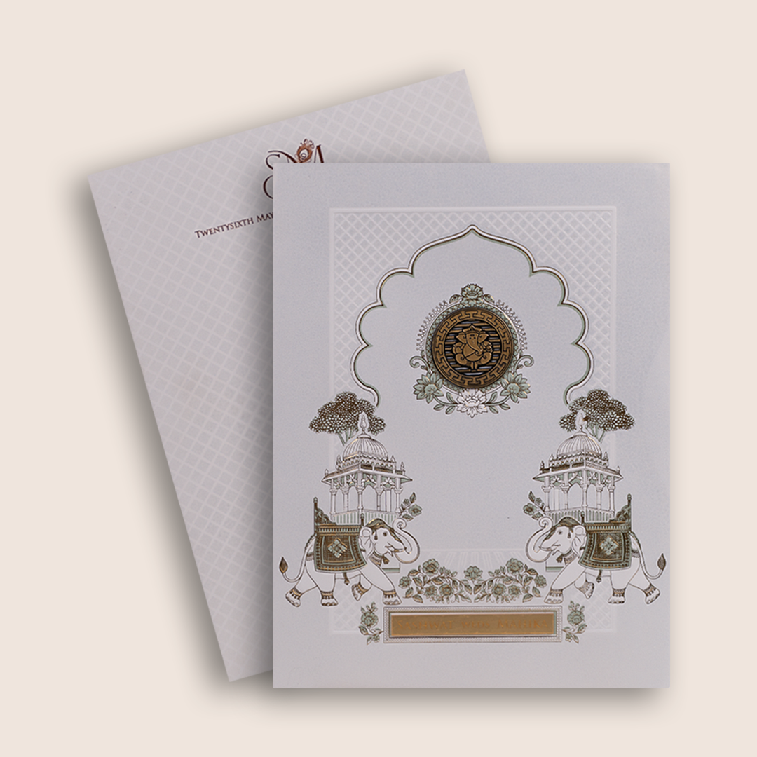 Ivory Embossed Royal Elephant Wedding Card - KRE29140