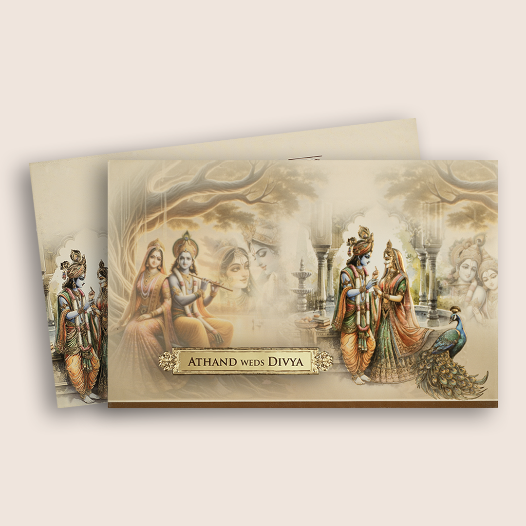 Beige Lord Radha Krishna Floral Padded Invitation Card - KPR024900