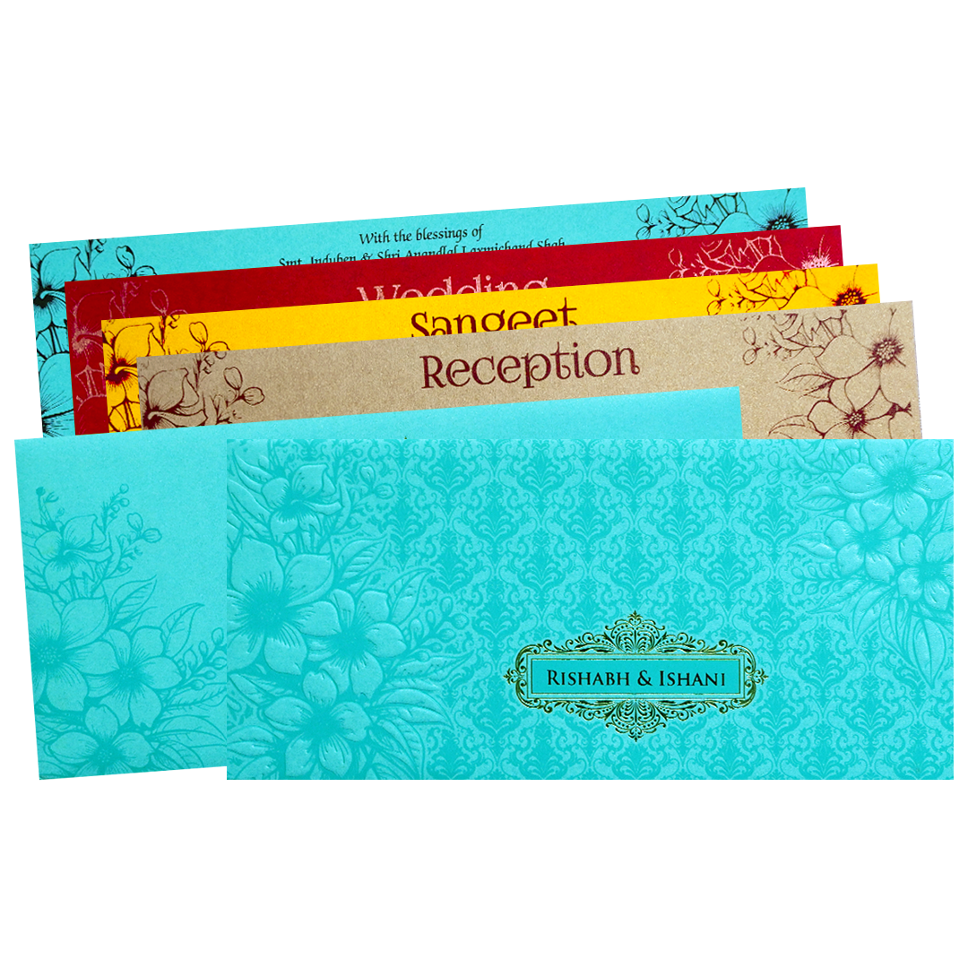 Check out Blue Embossed Floral Wedding Invitation Card at best price. ?WhatsApp Support ?Express Delivery.