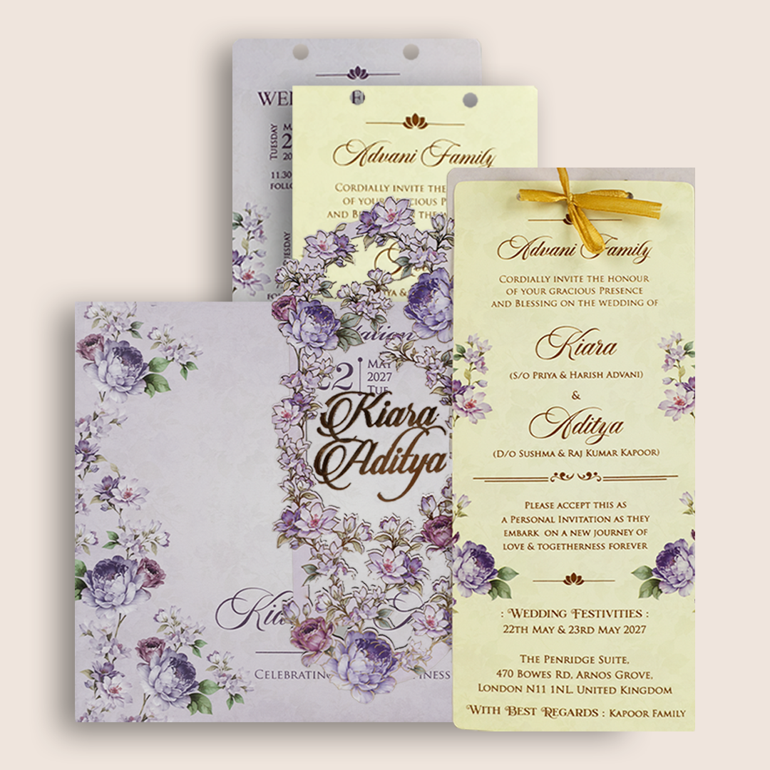 Lavender Floral MDF Laser Cut Wedding Card  - KFR17020