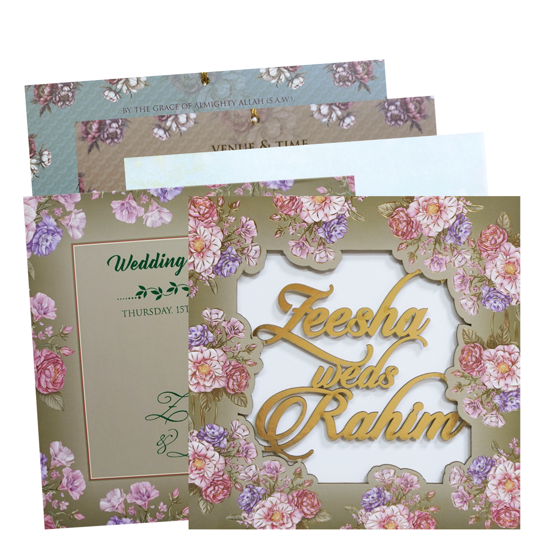 Green Floral Golden Wood Acrylic Padded Wedding Card - KVN07520