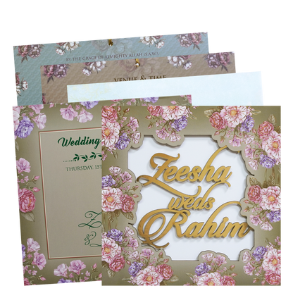 Green Floral Golden Wood Acrylic Padded Wedding Card - KVN07520