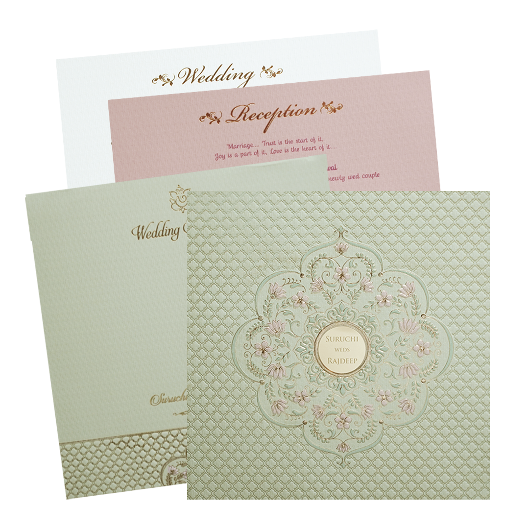 Green Pink Floral Padded Wedding Card -KMMWD1124