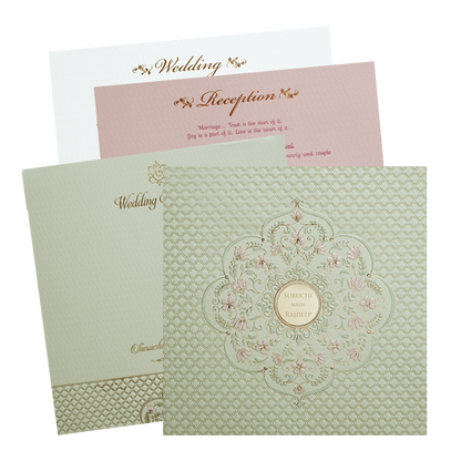 Green Pink Floral Padded Wedding Card -KMMWD1124