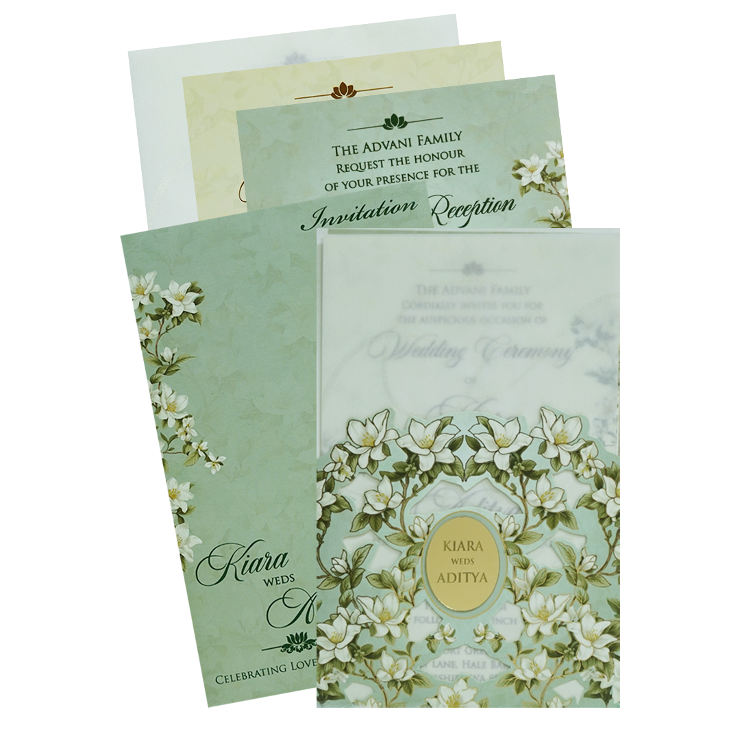 Green Magnolia Floral Laser-Cut Wedding Card-KFR15240