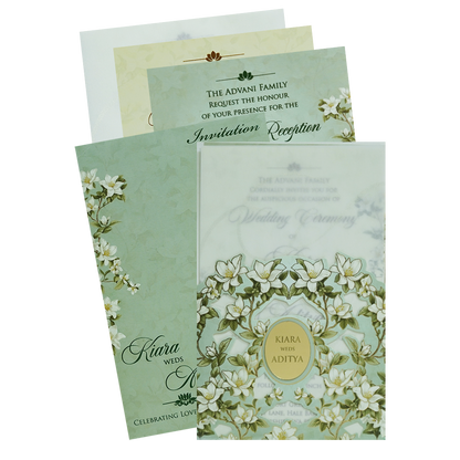 Green Magnolia Floral Laser-Cut Wedding Card-KFR15240
