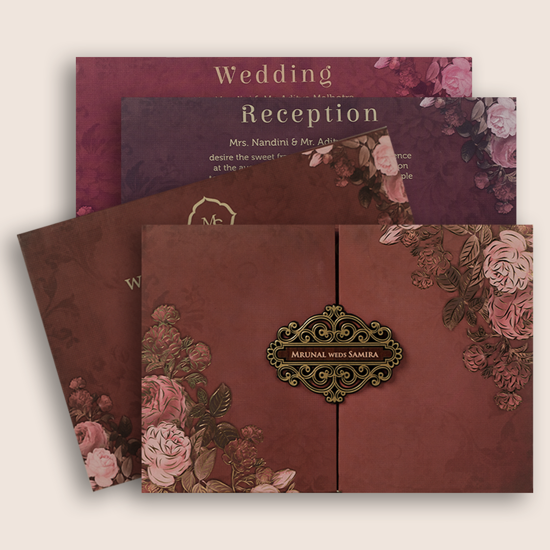 Maroon Floral Padded Door Style Wedding Invitation - KVN07160
