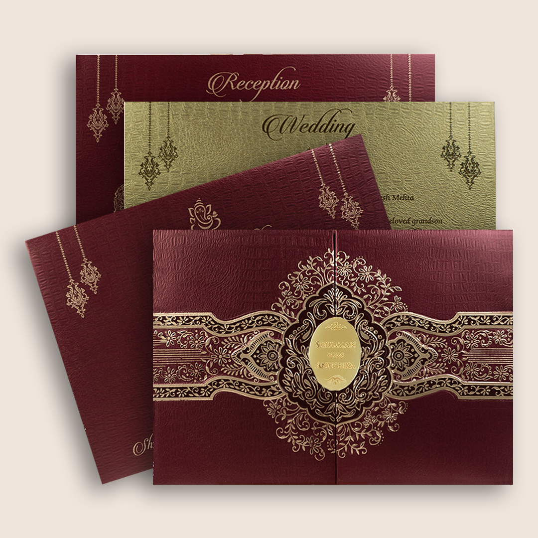 Maroon Floral Door Style Padded Wedding Invitation - KRB10500