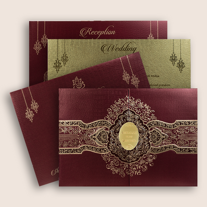Maroon Floral Door Style Padded Wedding Invitation - KRB10500