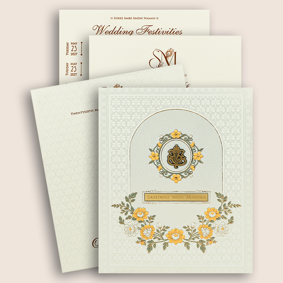White Embossed Floral Padded Invitation Card - KRE29110
