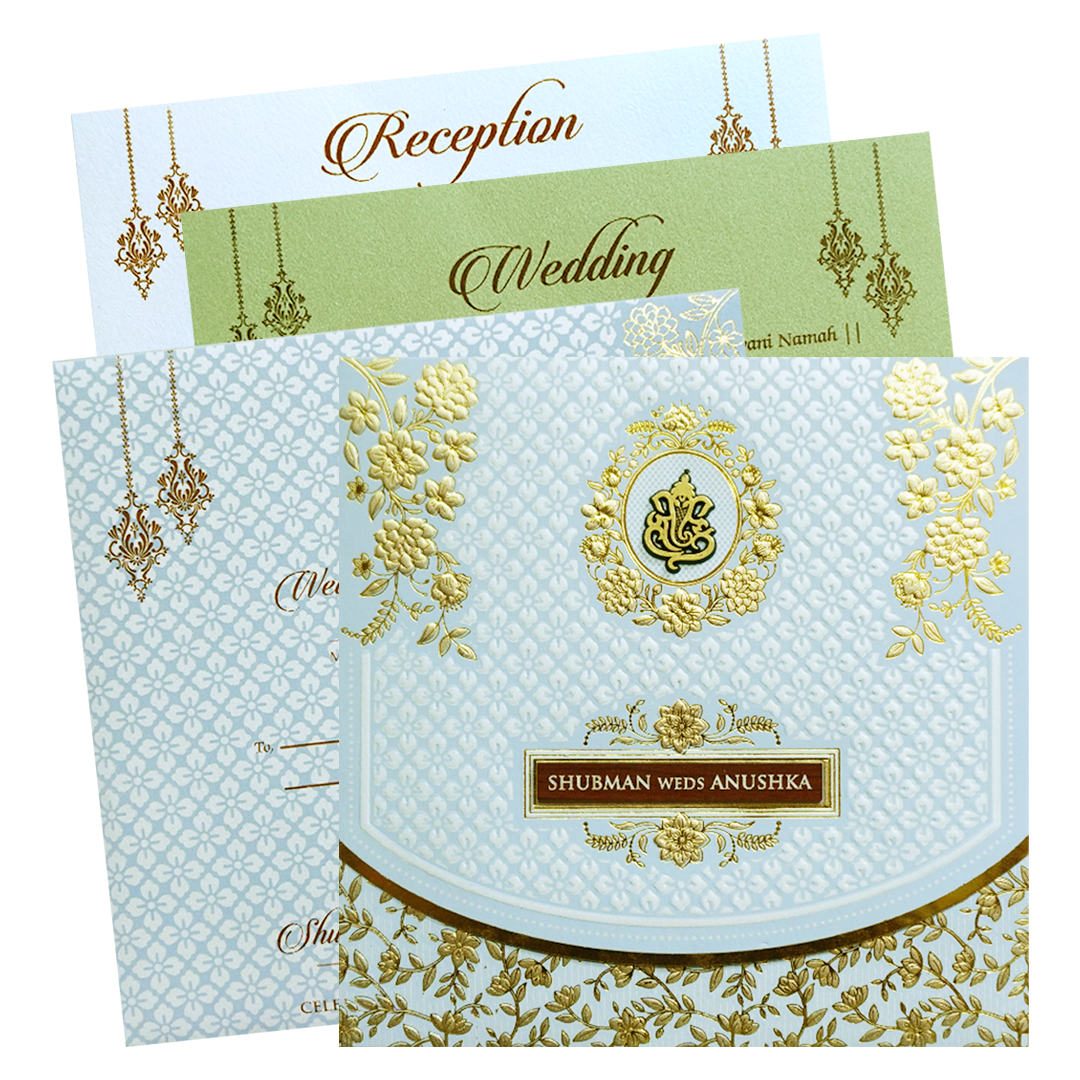 Elegant White Gold Embossed Wedding Invitation Card-KRB09131