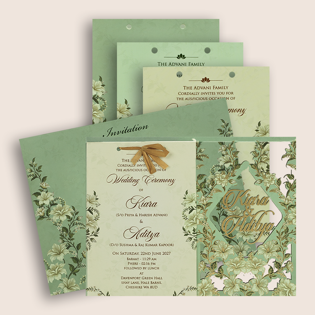 Mint Green Floral MDF Laser Cut Invitation Card - KFR17080