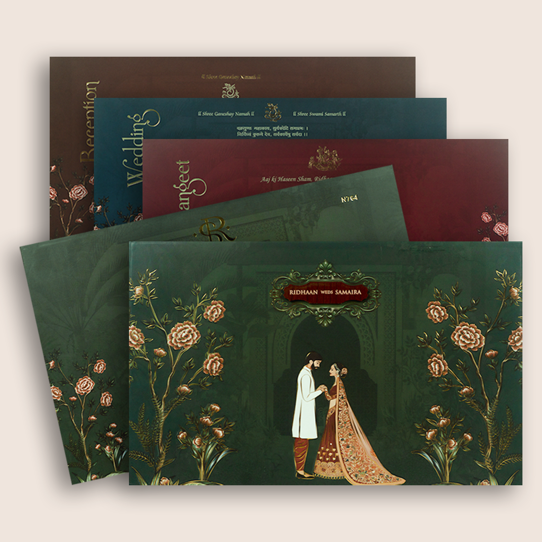 Green Embossed Bride Groom Marriage Invitation - KVN07640