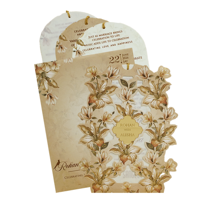 Beige Cream Floral Laser Cut Wedding Card - KFR16200