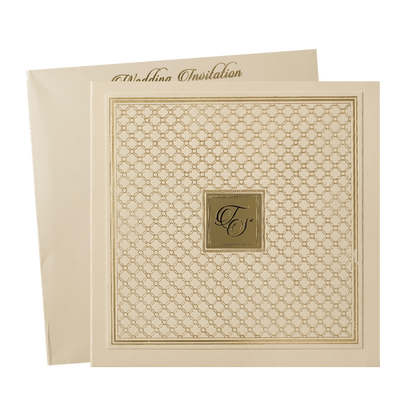 Cream Gold Square Pattern Padded Wedding Card-KMMWD1155