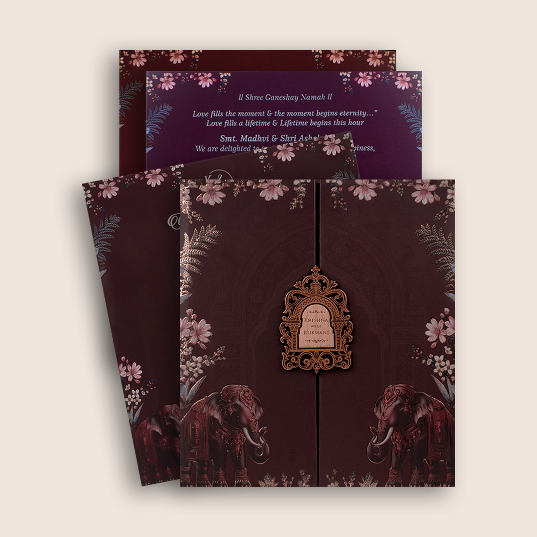 Brown Floral Padded Door Style Invitation Card - KJTS1936