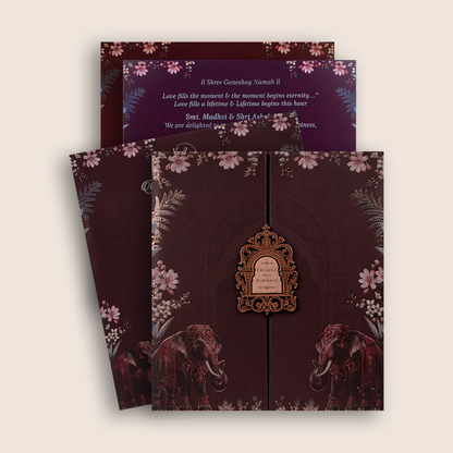 Brown Floral Padded Door Style Invitation Card - KJTS1936