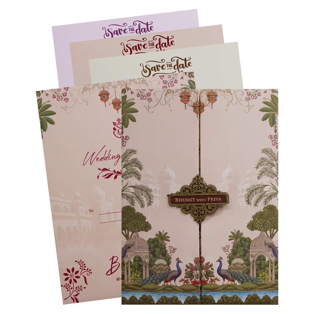 Pink Peacock Palace Padded Wedding Card- KSH72590