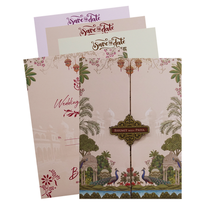 Pink Peacock Palace Padded Wedding Card- KSH72590