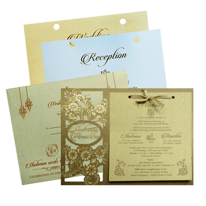 Elegant Gold MDF Laser Cutout Wedding Invitation Card-KRB09160