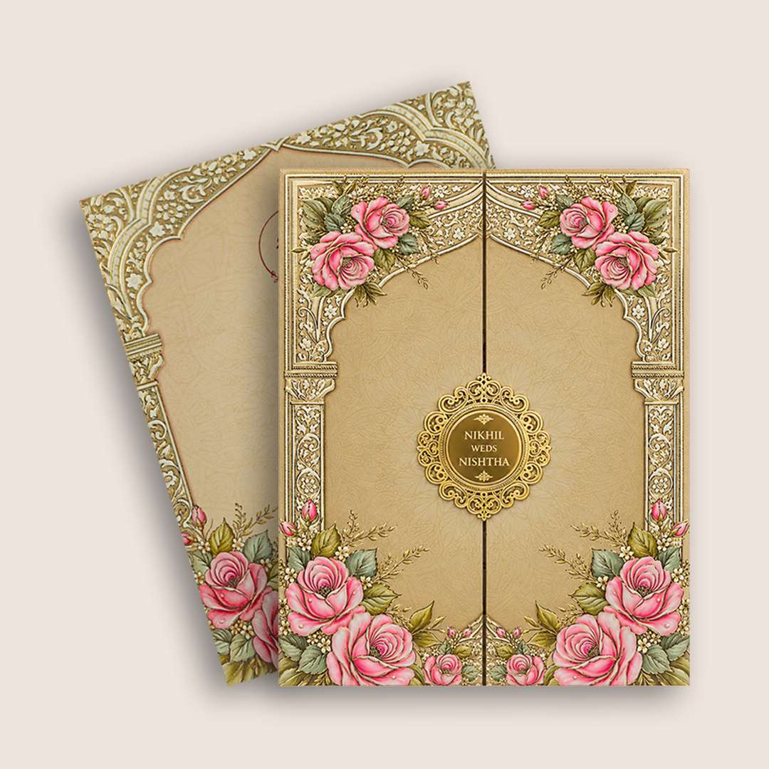 Beige Floral Arch Door Style Wedding Card - KPR07220