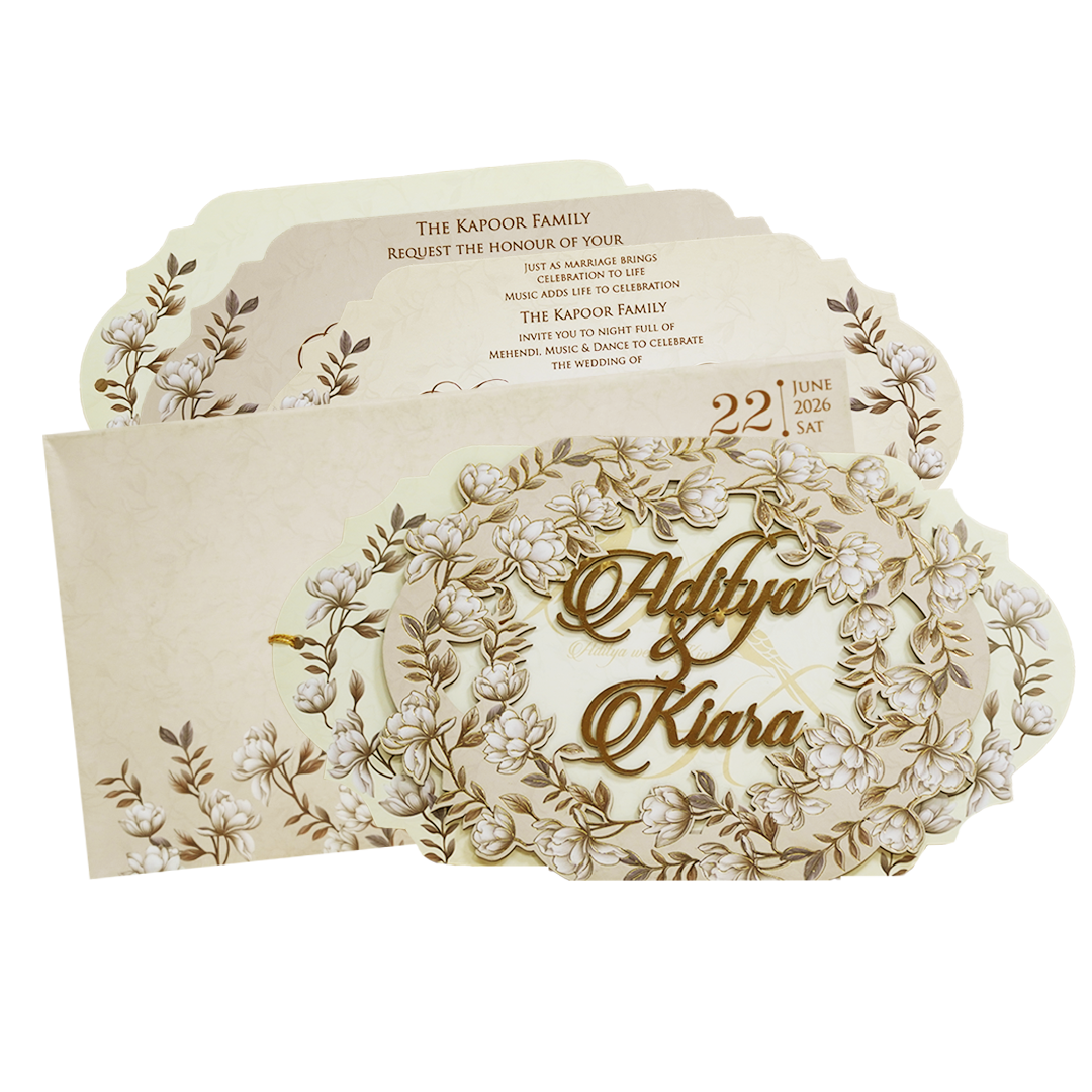 Cream Gold Floral Laser-Cut Wedding Card-KFR16150