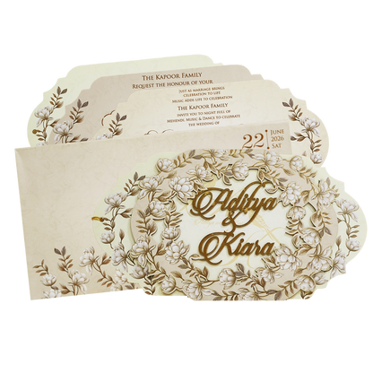 Cream Gold Floral Laser-Cut Wedding Card-KFR16150