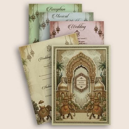Beige Laser Cut Royal Elephant Floral Padded Marriage Card - KRB10910