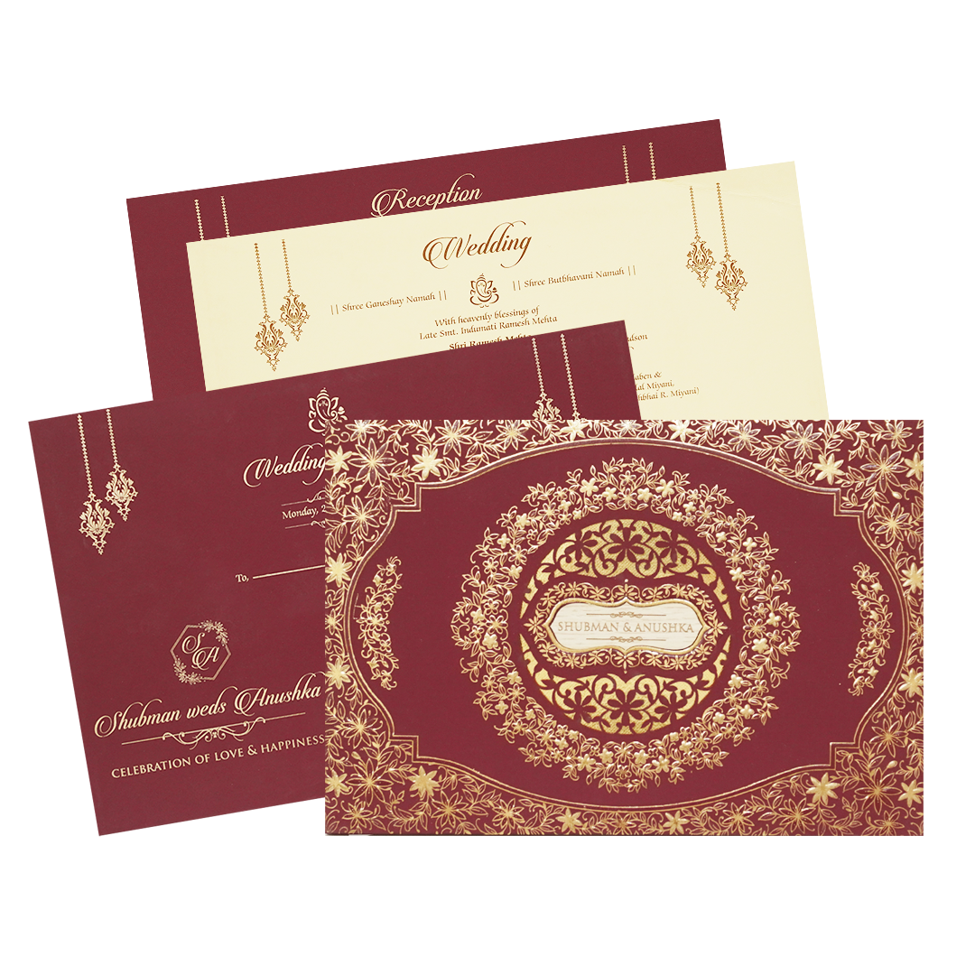 White Padded Wedding Invitation Card with Raised Gold Embossed Design-KRB09801