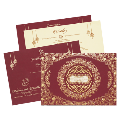 White Padded Wedding Invitation Card with Raised Gold Embossed Design-KRB09801