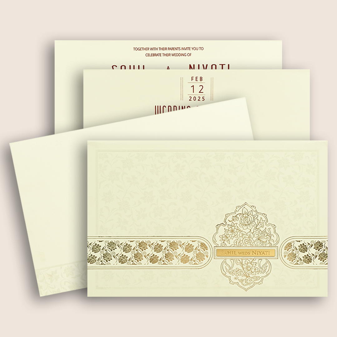 White Embossed Floral Padded Invitation Card - KPR010350