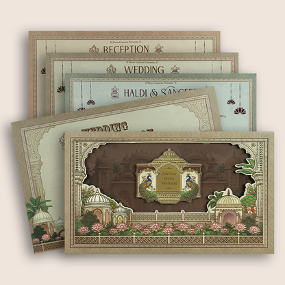 Brown Rajasthani Jharokha Padded Marriage Invitation Card - KSH18270