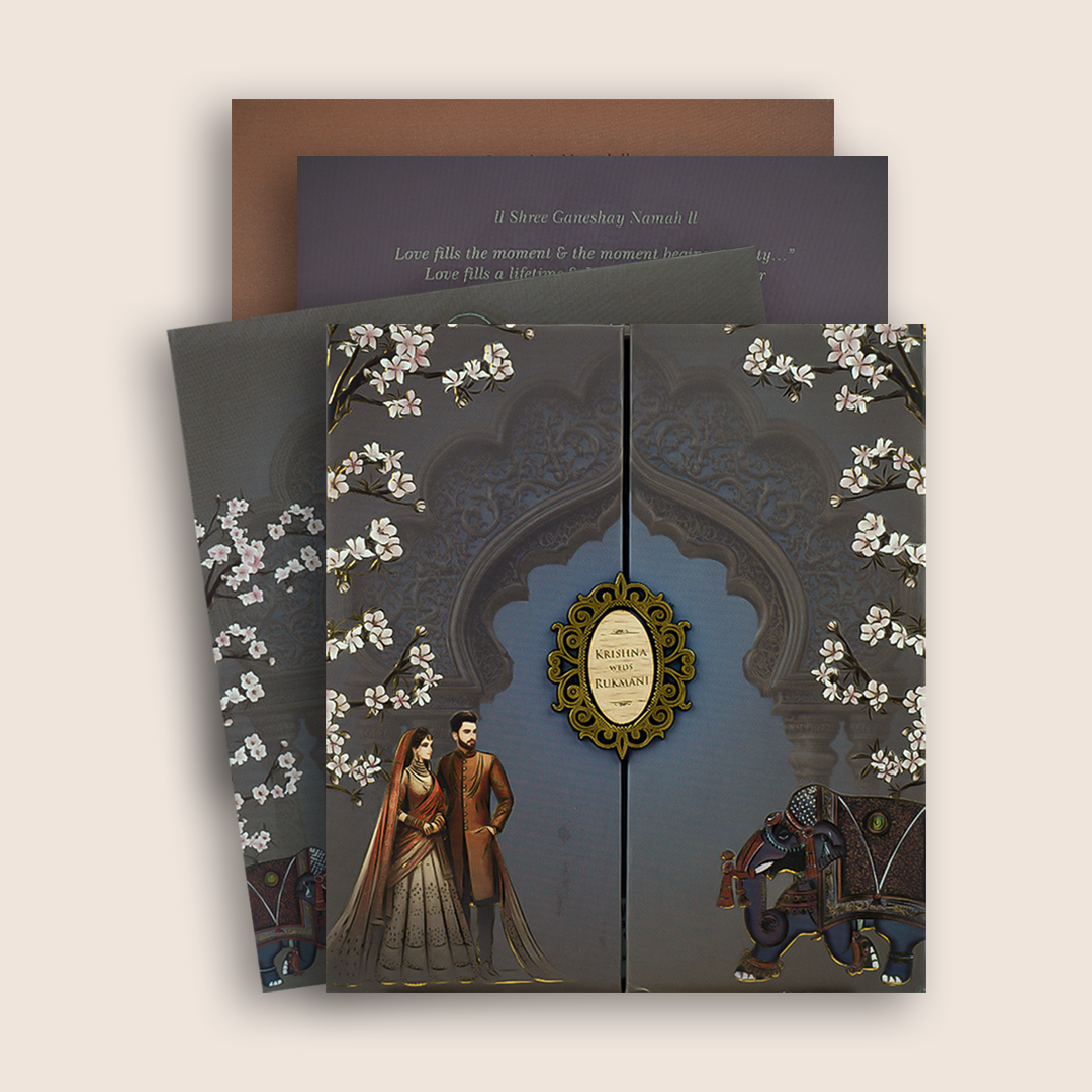 Grey Floral Padded Door Style Wedding Card - KJTS1937