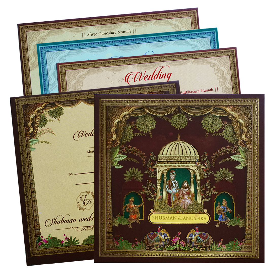 Maroon Maharaja Theme Padded Wedding Card-KRB09720
