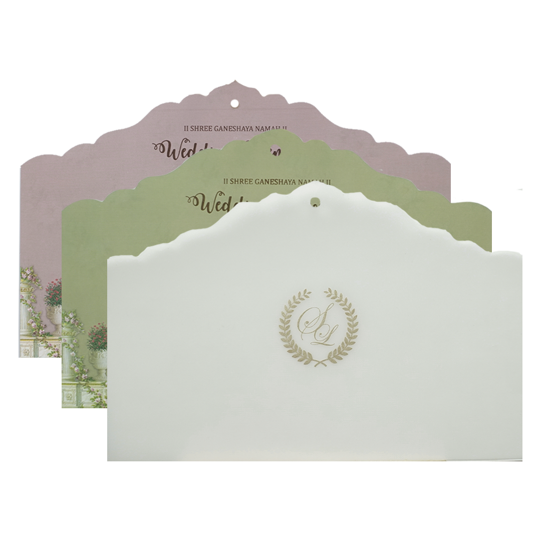 Royal Green Palace Cutout Wedding Card-KRE27310