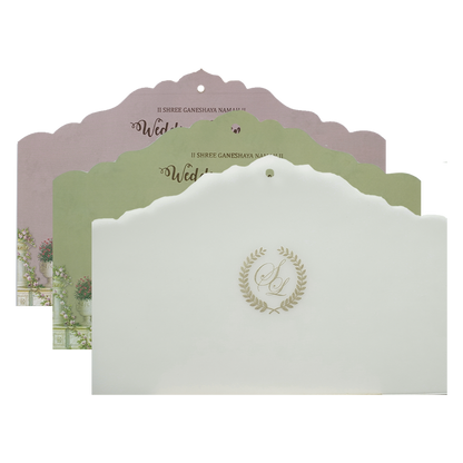 Royal Green Palace Cutout Wedding Card-KRE27310
