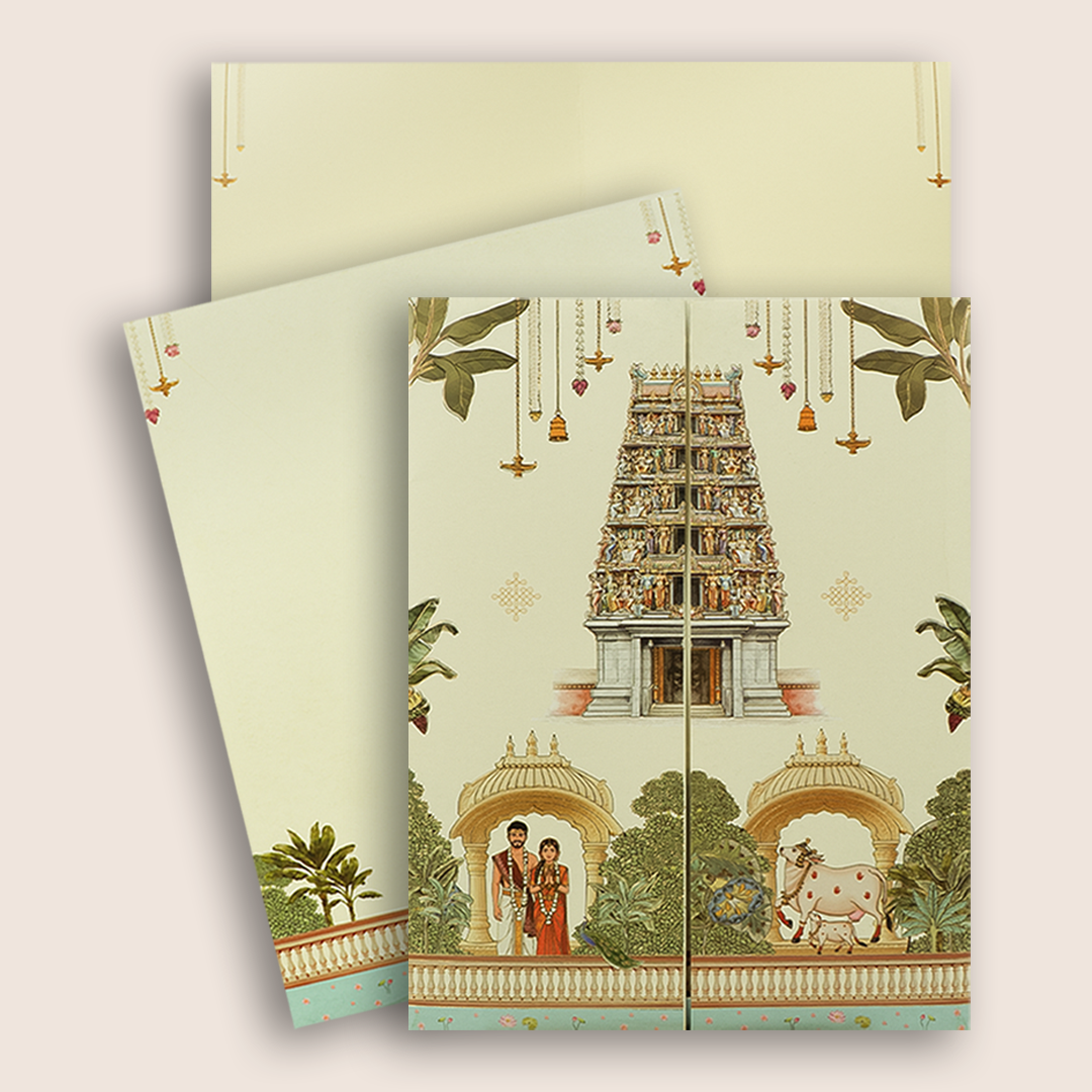 Cream South Indian Temple Door Style Wedding Invitation - KNKJ1167