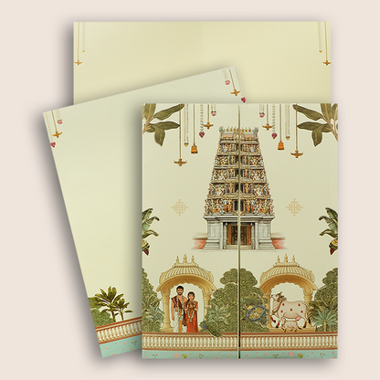 Cream South Indian Temple Door Style Wedding Invitation - KNKJ1167