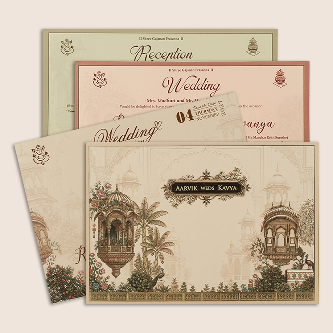 Pastel Pink Floral Jharokha Padded Wedding Invitation - KSH18230