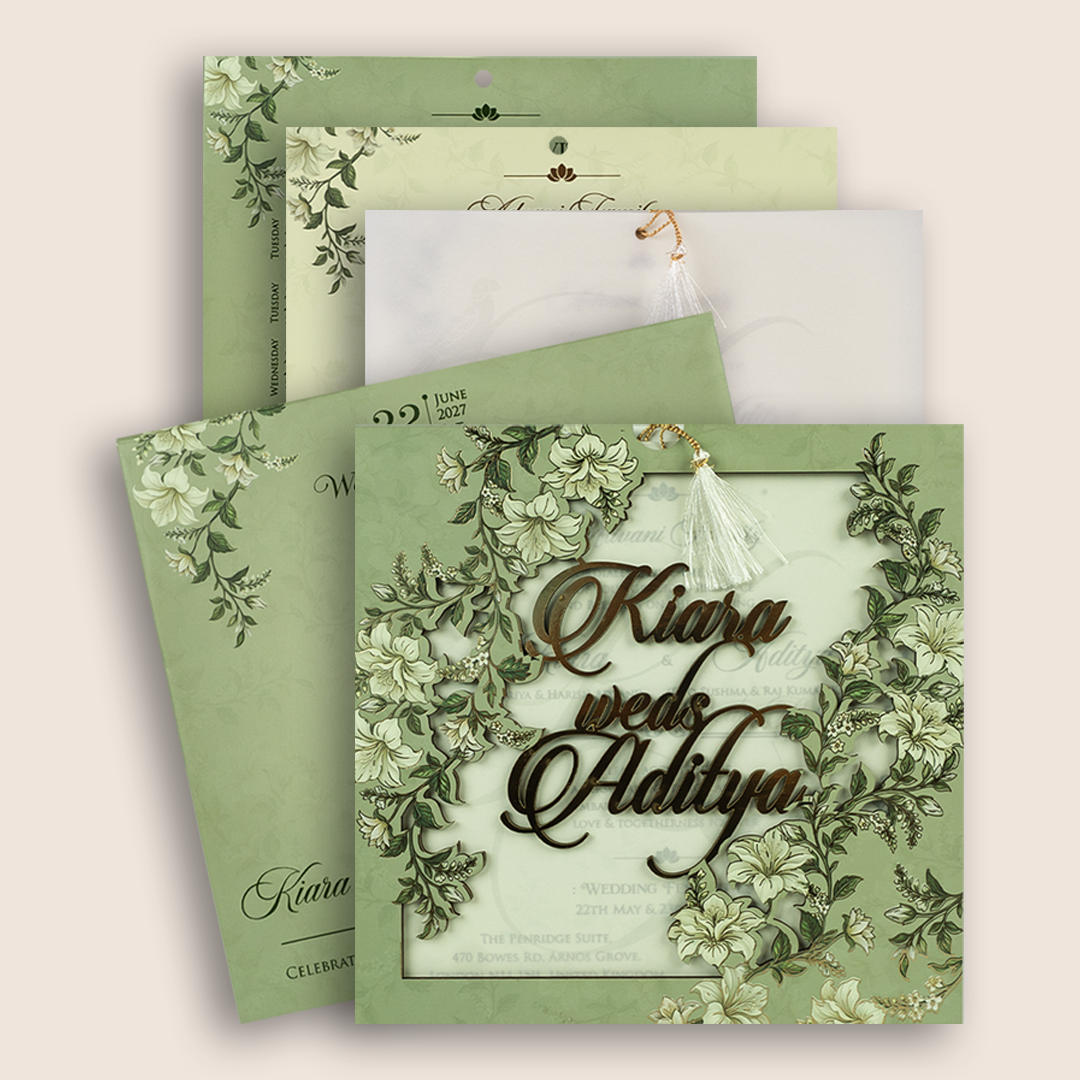 Green Lilly Flower MDF Laser Cut Wedding Card - KFR17120