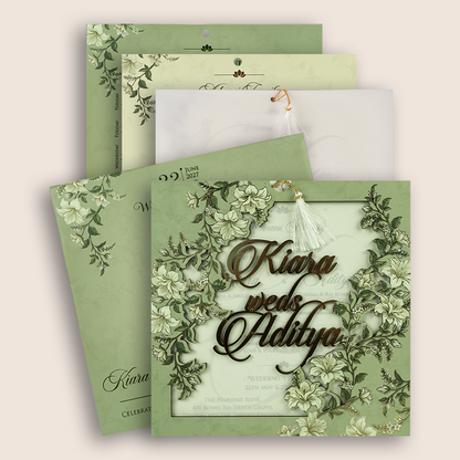 Green Lilly Flower MDF Laser Cut Wedding Card - KFR17120