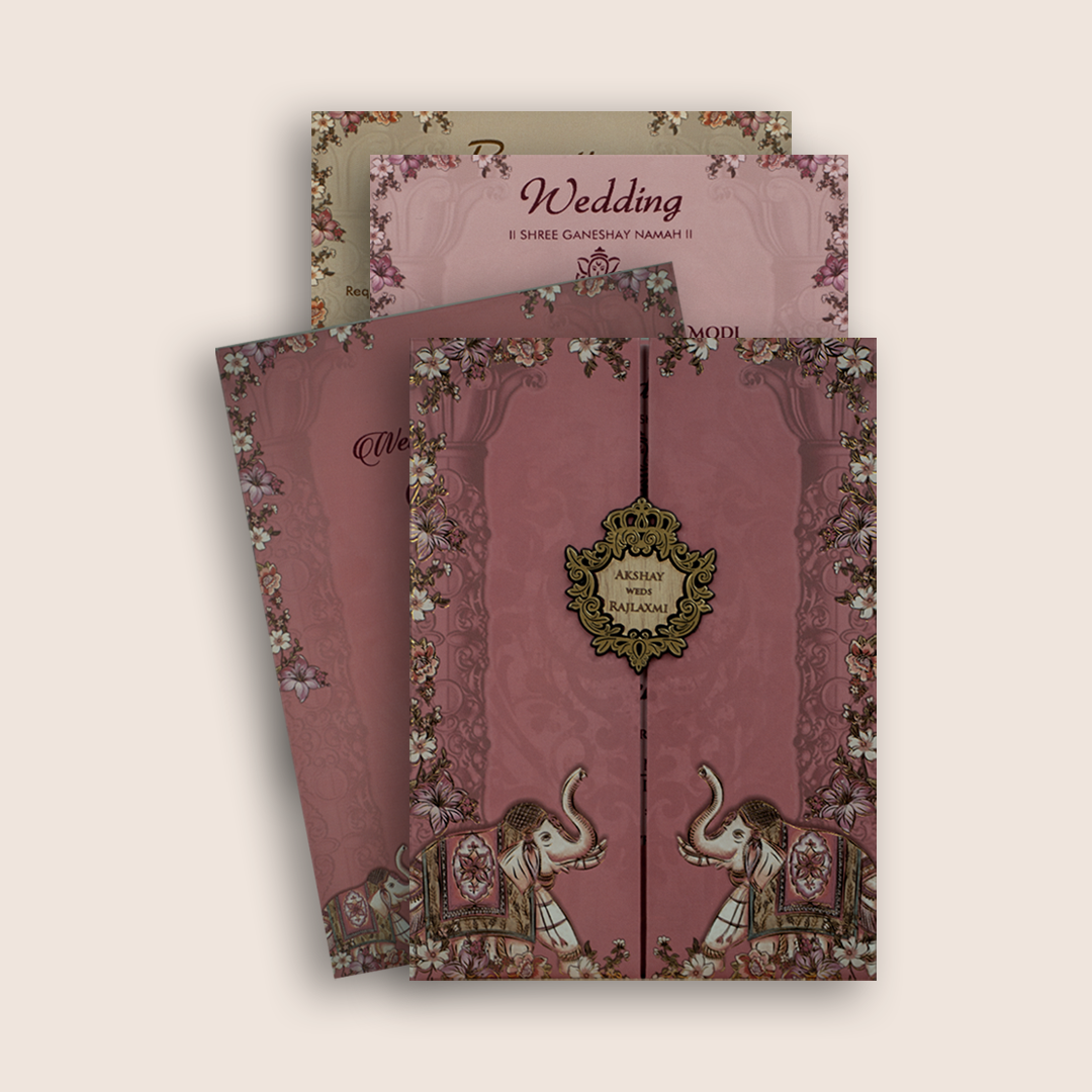 Pink Royal Elephant Padded Door Style Wedding Card - KJTS1821