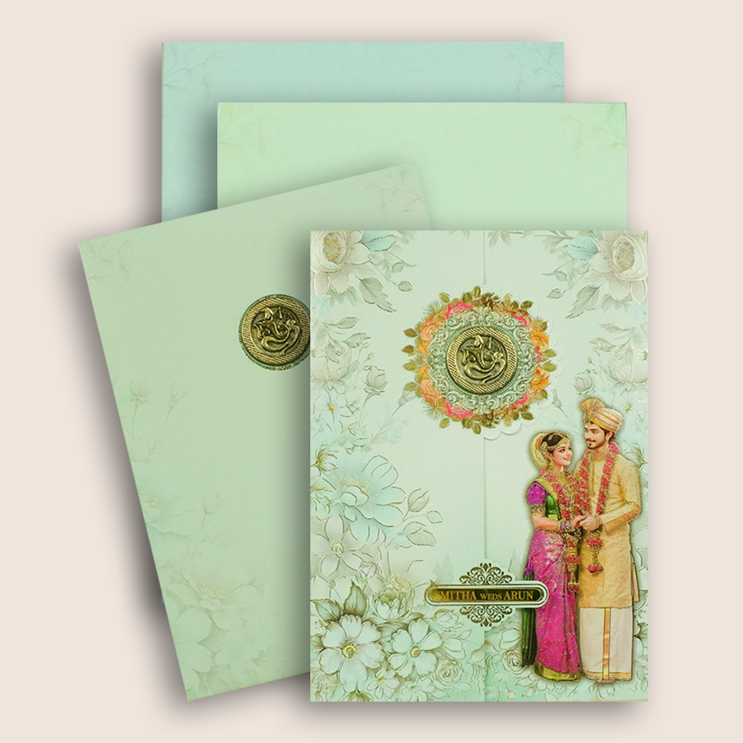 Blue South Indian Bride Groom Wedding Card - KNAR2404