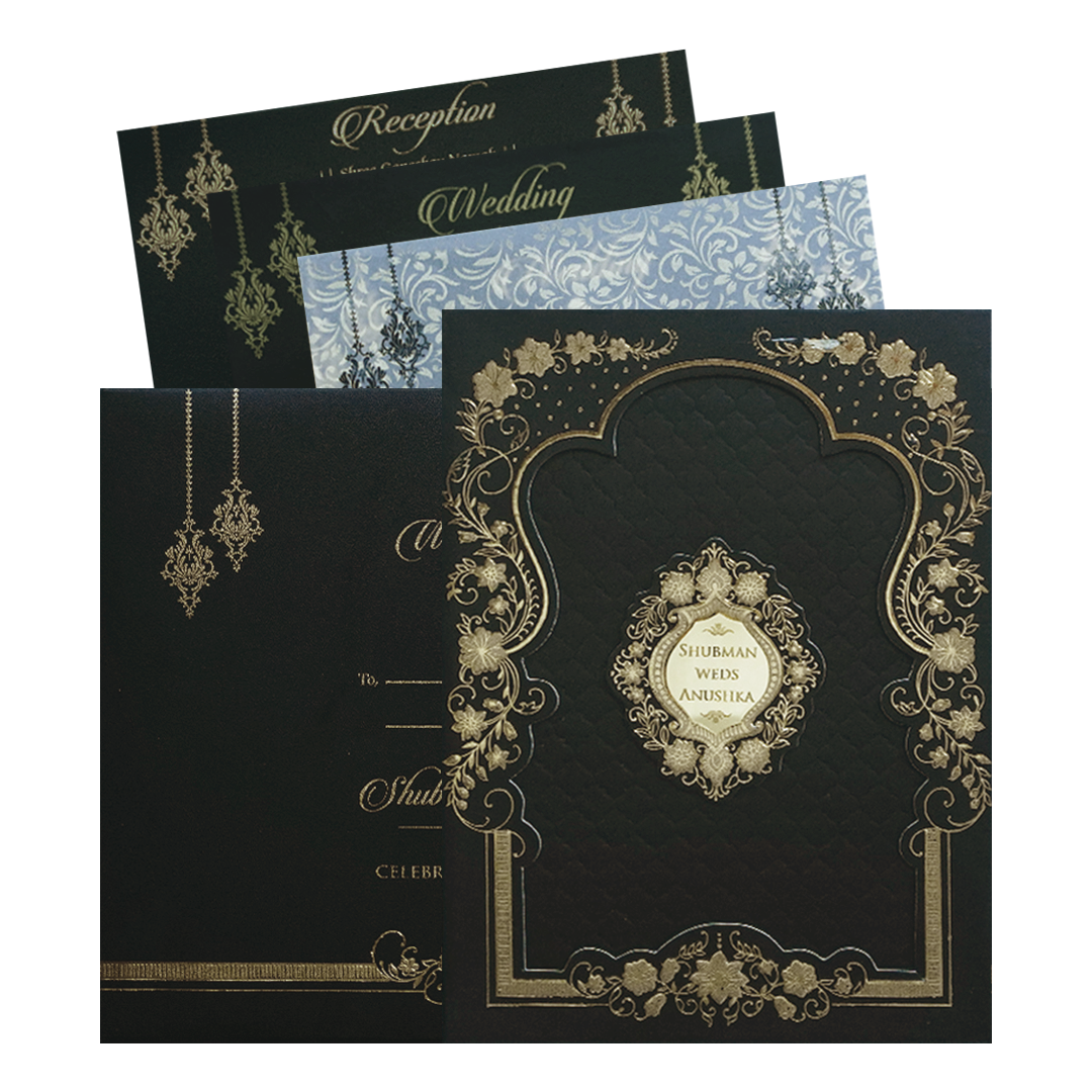 Luxurious Black Padded Gold Foil Embossed Wedding Invitation Card-KRB09682