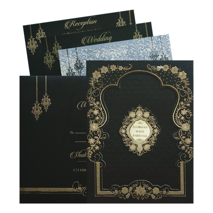 Luxurious Black Padded Gold Foil Embossed Wedding Invitation Card-KRB09682