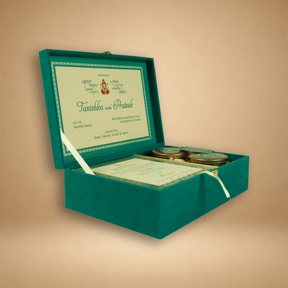 Teal Green Velvet Floral Wedding Invitation Box - KSBMD020