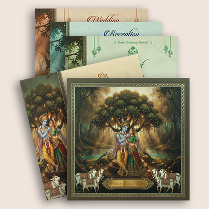 Green Lord Radha Krishna Padded Wedding Invitation - KRB10530